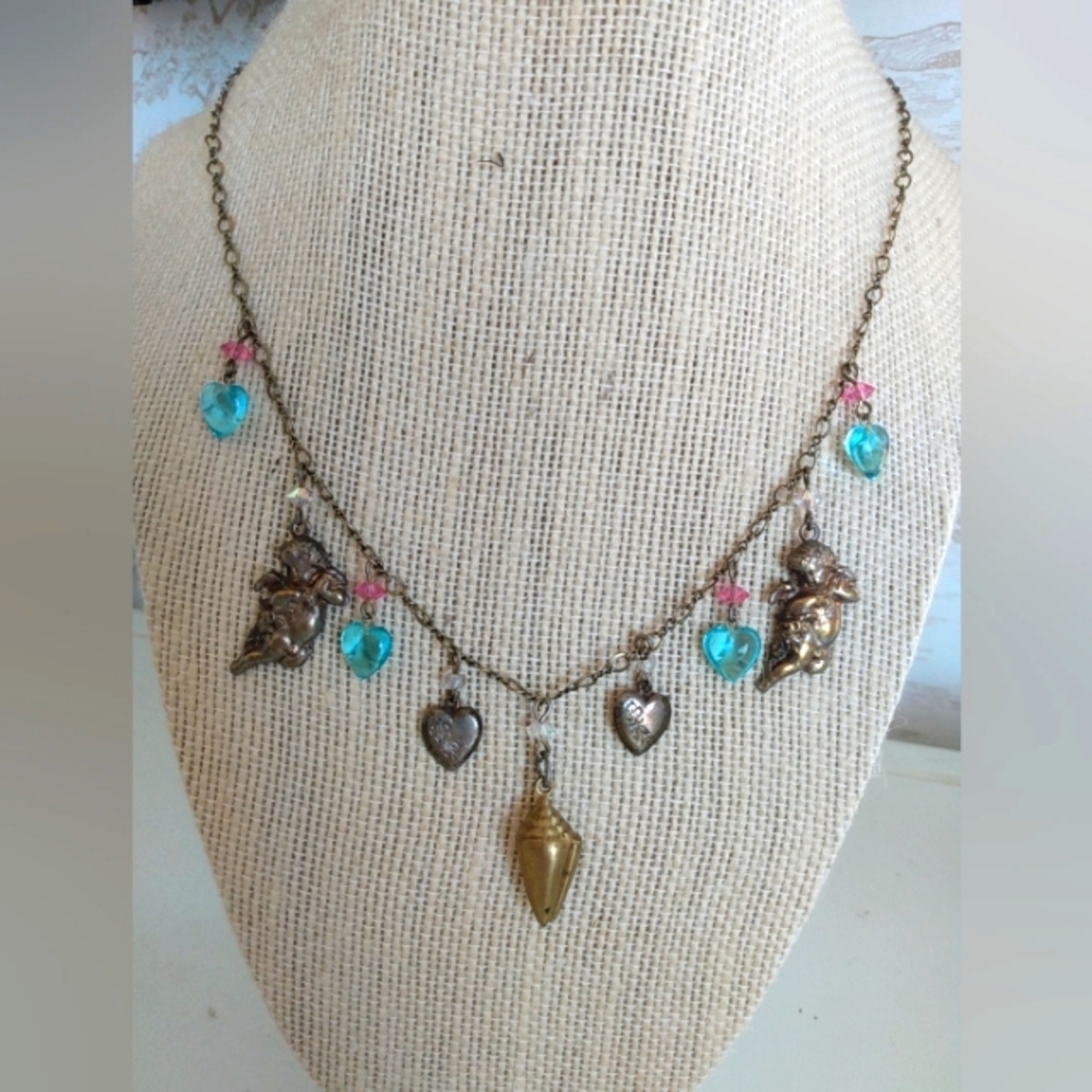 Vtg PIDIDDLY LINKS Romantic Cherub Angel Heart Seashell Charm Necklace Blue Gold
